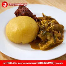 Eba with bitter leaf soup