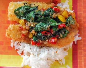L 21. Filet Tilapia with Spicy Basil Sauce Over Rice
